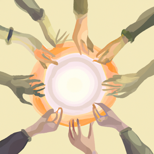 קבוצה של אנשים אוחזים ידיים במעגל, ממקדים את האנרגיה הקולקטיבית שלהם כדי לגשת למחשבות של אחר