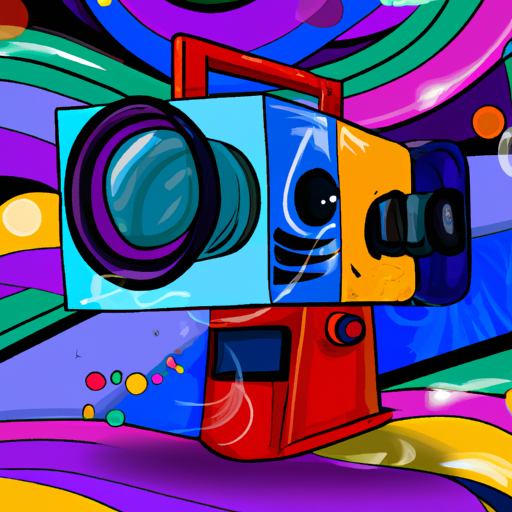איור צבעוני ומושך את העין של מצלמת וידאו עם רקע דמוי קריקטורה.