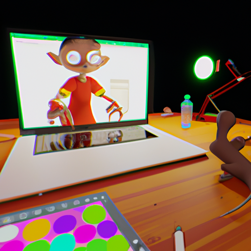 אדם המשתמש במחשב נייד כדי ליצור סרטון אנימציה עם דמות מצוירת בחזית.
