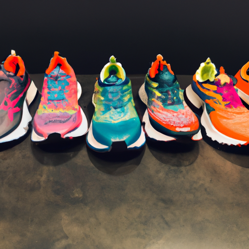 אוסף של נעלי ריצה צבעוניות של Hoka, המציגות את העיצוב הייחודי של הסוליה העבה שלהן