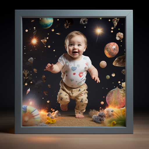 תמונה של הצעד הראשון של תינוק שצולם במסגרת וידאו, מעוטר באנימציות ומדבקות שובבות.